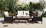 GO 4-Piece Garden Furniture, Patio Seating Set, PE Rattan Outdoor Sofa Set, Wood Table and Legs, Brown and Beige