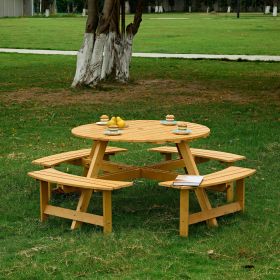Outdoor 6 Person Picnic Table, 6 person Round Picnic Table with 3 Built-in Benches, Umbrella Hole, Outside Table and Bench Set for Garden, Backyard (Color: Natural, Person: 8)