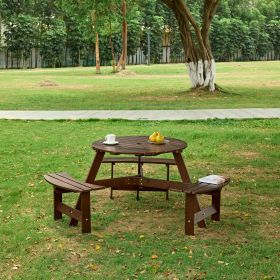 Outdoor 6 Person Picnic Table, 6 person Round Picnic Table with 3 Built-in Benches, Umbrella Hole, Outside Table and Bench Set for Garden, Backyard (Color: Brown, Person: 6)